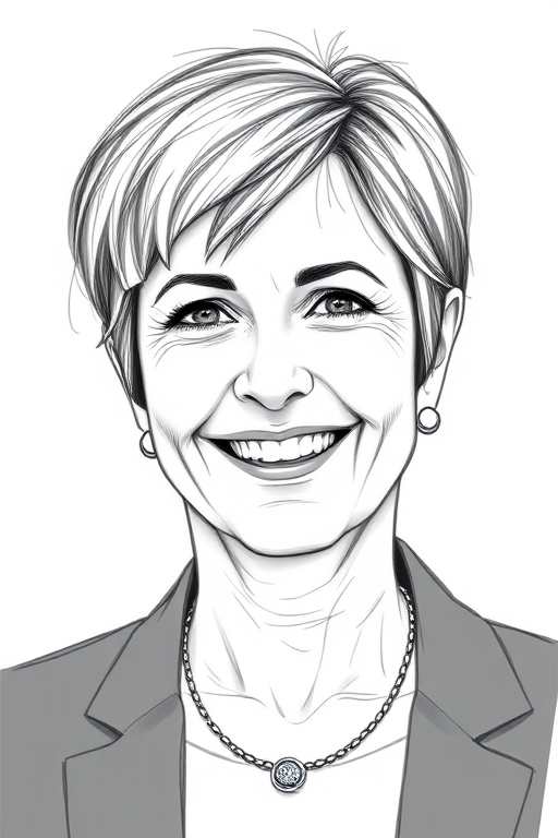 Generate a high-resolution sketch portrait of a middle-aged woman with short hair and a friendly smile, wearing a blazer and a necklace, in sharp focus with a shallow depth of field, captured using a DSLR camera, 50mm lens at f/2.8, ISO 100, 1/200 sec shutter speed.