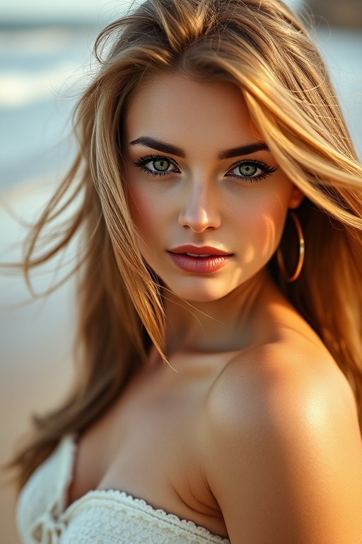 Create a hyper-realistic portrait of a woman with flowing hair and striking green eyes standing on a beach, using a Canon EOS R5 camera, 50mm lens, f/1.8 aperture, 1/200s shutter speed, and soft natural lighting to enhance the image quality and details.