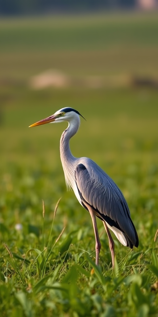 heron standing in a green field, natural light, aperture f/4, shutter speed 1/200s, ISO 100, 50mm lens, side view, DSLR camera