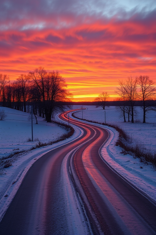 a serene winter landscape featuring a winding road through snowy fields with sparse trees silhouetted against a vibrant sunset sky, captured with a DSLR camera using a 24mm lens, f/8 aperture, 1/125 sec shutter speed, ISO 200, in landscape orientation with a high dynamic range setting