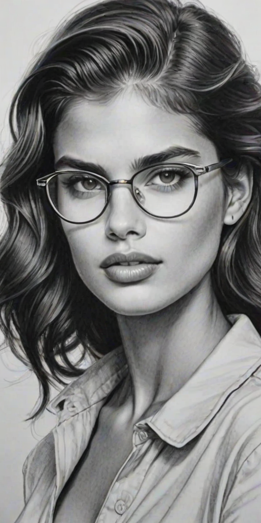 Alluring Sara Sampaio, pencil sketch, portrait of Attractive woman 1950s in glasses, hair style beatnik, outline, clear lines, fine lines, 8k