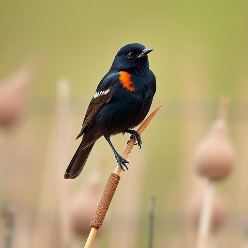 Capture a high-resolution image of a blackbird with a bright orange patch perched on a slender reed in a soft-focus background, using a Canon EOS R5, 85mm f/1.4 lens, aperture set to f/2.8, ISO 100, shutter speed 1/200 sec, natural light for enhanced details and sharpness.