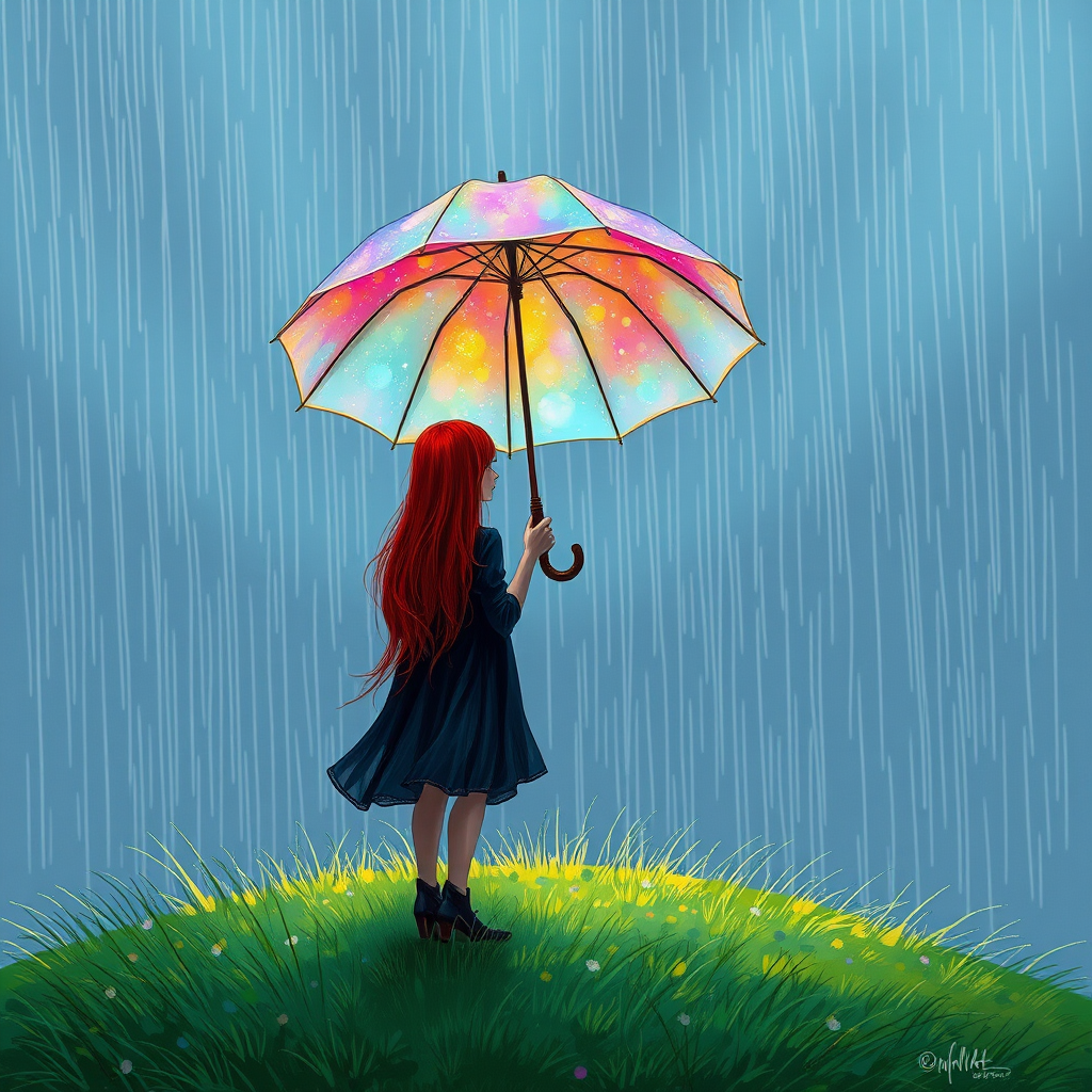 A surreal hand-drawn digital artwork depicting a mysterious red-haired woman standing on a grassy hill under the rain. She holds an umbrella crafted from iridescent zircon, its vibrant sheen contrasting with the soft, rainy atmosphere. The scene feels dreamlike, blending the natural elements of the hill and rain with the otherworldly shimmer of the umbrella.