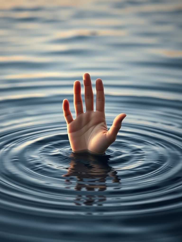 Create an image of a hand emerging from calm water, capturing the ripples around it, using a Canon EOS R5, 50mm lens, f/1.8 aperture, ISO 100, with soft lighting and a shallow depth of field.