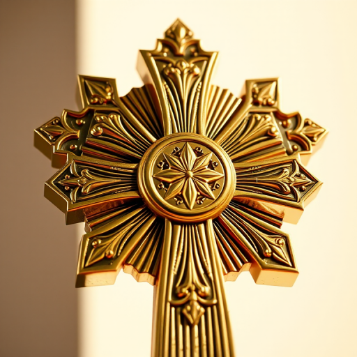 Create a highly detailed digital illustration of a golden cross with intricate lines and textures, shot with a Canon EOS 5D Mark IV, 50mm lens, f/1.8 aperture, 1/200s shutter speed, in natural soft daylight to enhance reflections.
