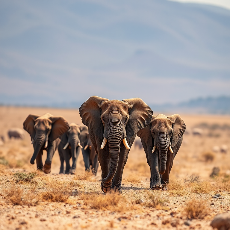 Capture a group of elephants walking through a vast dry landscape during midday with a shallow depth of field, using a Canon EOS 5D Mark IV, 70-200mm lens, at f/4, ISO 200, 1/500 sec, shot from eye level to enhance the image quality.