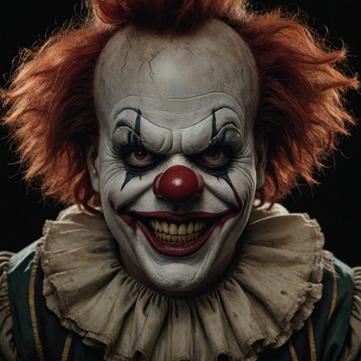 Create a hyper-realistic, dark, and eerie clown with a sinister smile, set against a black background. The clown should have exaggerated makeup with sharp, contrasting colors to enhance its menacing appearance. The overall atmosphere should be unsettling and intense, capturing a sense of horror and suspense