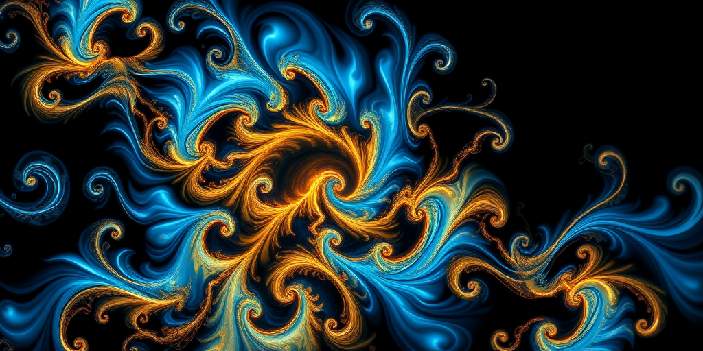 Generate a vibrant fractal art image featuring swirling patterns in blue and gold colors with a dark background, use a Canon EOS 5D Mark IV, aperture f/8, shutter speed 1/125 sec, ISO 100, shot from a close-up perspective, in a high dynamic range style.