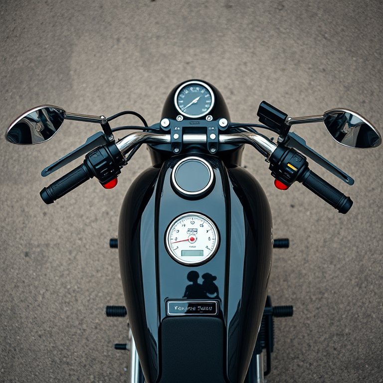 Regenerate the image of a Honda CB 350 motorcycle, top-down view, with a DSLR camera set to 50mm lens, aperture f/2.8, ISO 100, and a shallow depth of field for enhanced image quality.