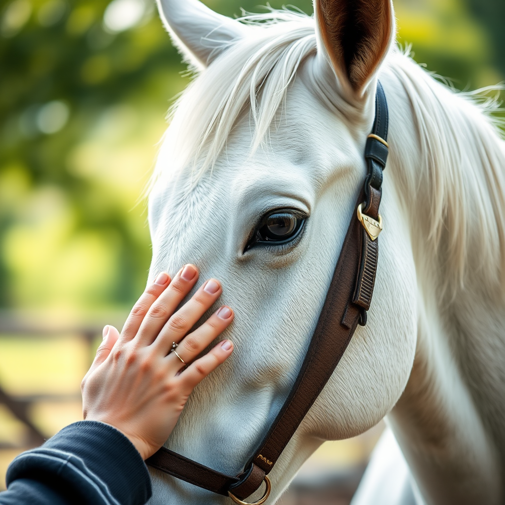 Close-up of a white horse being gently petted by a person, shallow depth of field, soft bokeh background, natural lighting, Canon EOS R5, 85mm f/1.2 lens, ISO 100, aperture f/1.8, shutter speed 1/200s.