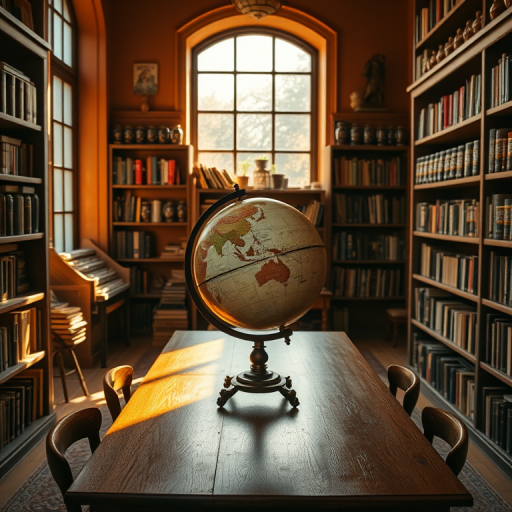 A cozy library with a vintage globe in the center on a wooden table, surrounded by shelves filled with books and jars, warm sunlight streaming through a large window; captured with a Canon EOS R5, 50mm lens, f/1.8 aperture, ISO 100, and soft natural light for enhanced warmth and detail.