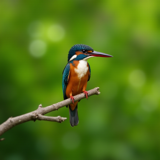 A vibrant kingfisher perched on a branch with a blurred green background, captured with a Canon EOS R5, 85mm lens, aperture f/2.8, ISO 200, shutter speed 1/250s, in soft focus style for enhanced detail and clarity.