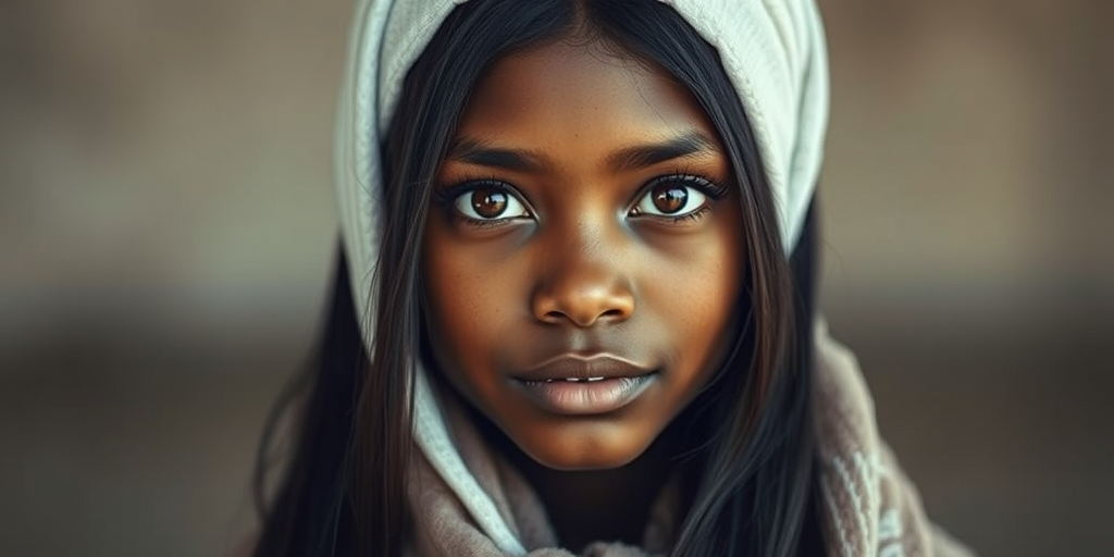 Create a portrait of a young Afro-Caribbean female with long, dark hair and captivating hazel eyes. She is wearing a white headscarf and a matching scarf draped gracefully around her neck. The background is softly blurred, focusing attention on her serene and natural expression. The overall color palette is muted and warm, enhancing the intimate and authentic feel of the portrait.
