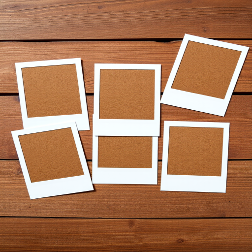 Generate an image of five blank Polaroid frames arranged on a rustic wooden background, using a DSLR camera, 50mm lens, f/2.8 aperture, ISO 100, soft natural lighting, shallow depth of field for enhanced image quality.