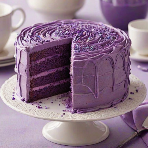 Create an image of a beautifully layered cake with purple frosting. The cake should have smooth white icing on the outside and be decorated with swirls of purple frosting on top. Show the cake sliced to reveal multiple layers of purple cake inside, garnished with purple sprinkles. The setting should be bright and inviting, focusing on the cake as the centerpiece.