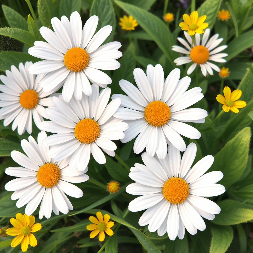 a vibrant illustration of white daisies with yellow centers and a few yellow flowers surrounded by lush green foliage and soft textures