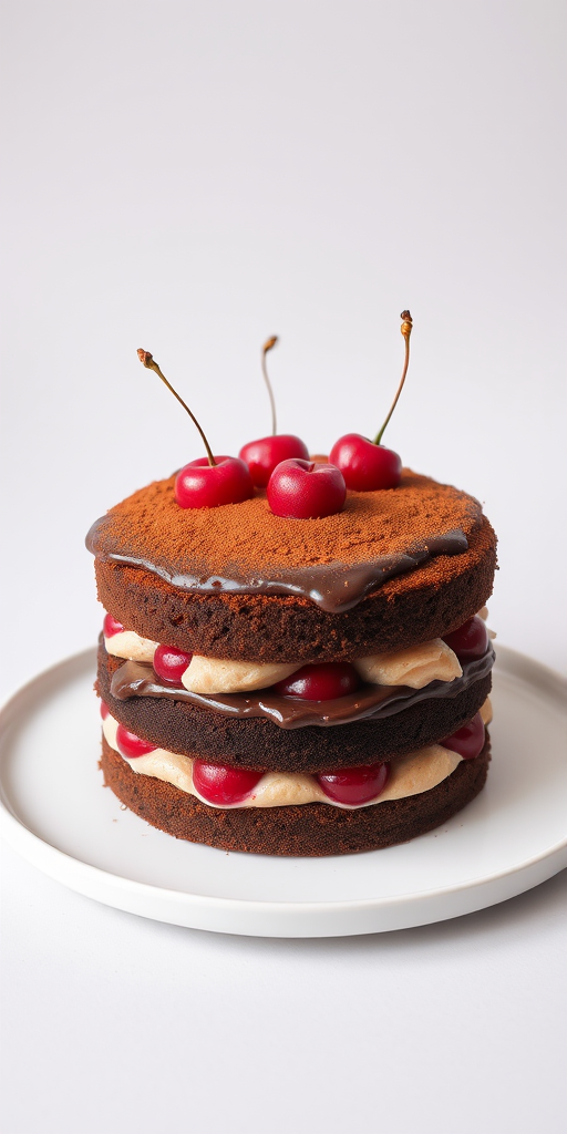 A delicious two-layer chocolate cake with a creamy filling and cherries, topped with chocolate frosting and a dusting of cocoa powder, presented on a simple white plate against a neutral background.