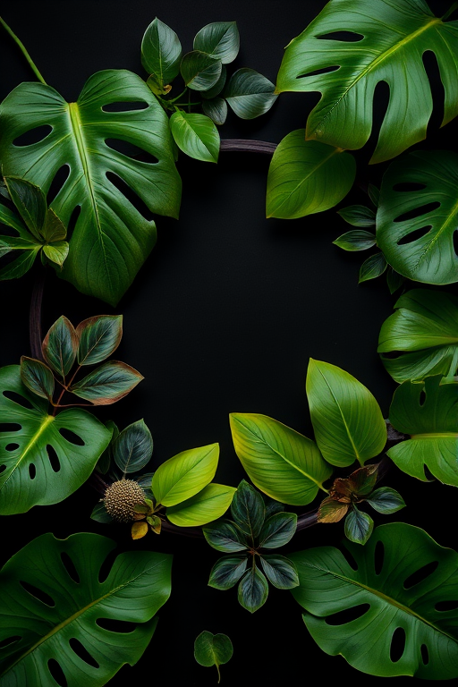 Create a high-quality image of a circular frame filled with various tropical leaves against a black background, using a DSLR camera with a 50mm lens, aperture f/2.8, ISO 100, and soft natural lighting to enhance details and colors.