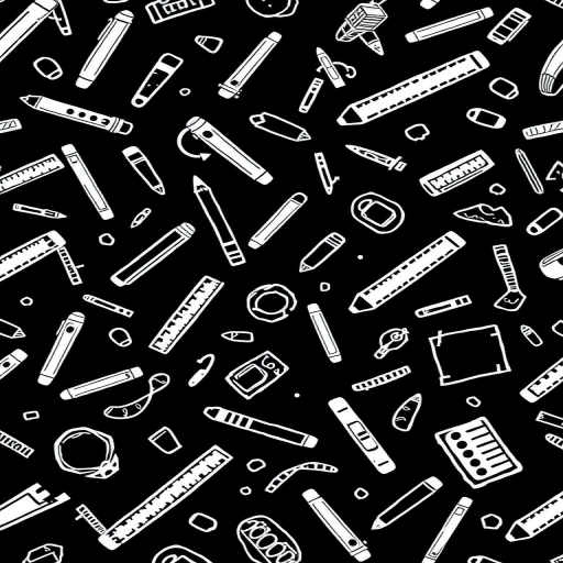 Create a high-resolution image of a black background filled with white doodles of school supplies like pencils, rulers, and geometric shapes in a seamless pattern using a DSLR camera, 50mm lens, f/2.8 aperture, ISO 100, and 1/125s shutter speed to enhance detail and clarity.