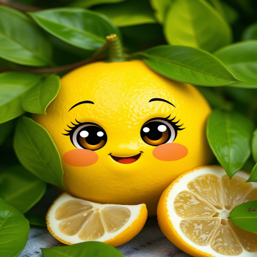 Create a cute cartoon lemon character with large expressive eyes, smiling, surrounded by vibrant green leaves and a slice of lemon, high resolution, 50mm lens, f/2.8 aperture, soft focus background, shot from eye level using a digital SLR camera.