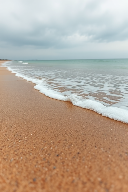 Capture a serene beach scene with gentle waves lapping at the shore, overcast sky, use a Canon EOS 5D Mark IV with a 24-70mm f/2.8 lens, aperture at f/8, ISO 200, shutter speed 1/125 sec, shot from a low angle to emphasize the foreground sand and water texture.