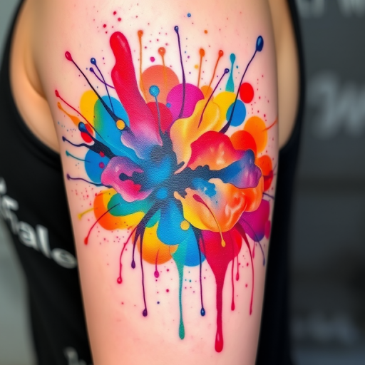 Watercolor splash tattoo titled "Chromatic Explosion" featuring vibrant paint splatters and drips in a rainbow of hues creating an abstract and dynamic composition