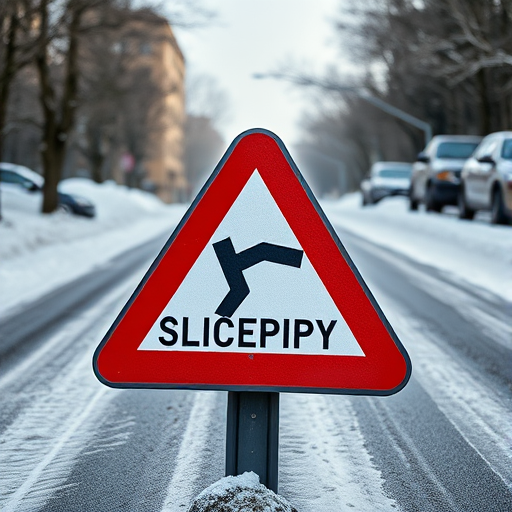 Create an image of a warning road sign indicating slippery conditions, with a triangular shape and bold red border, using a DSLR camera at f/5.6 aperture, ISO 100, 50mm lens, shot from a low angle with natural lighting to enhance clarity and detail.