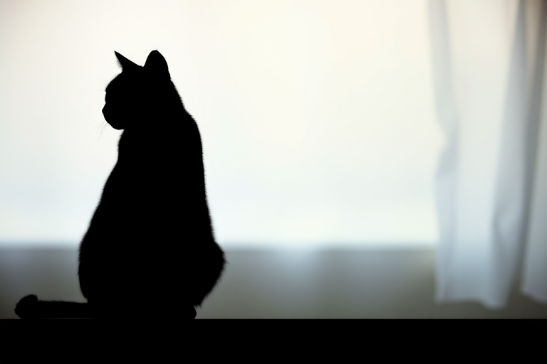 Generate a high-resolution image of a minimalist black silhouette of a cat, with a soft focus background, taken with a Canon EOS R5 at f/1.8, ISO 200, 1/250s in portrait mode for a dreamy effect.