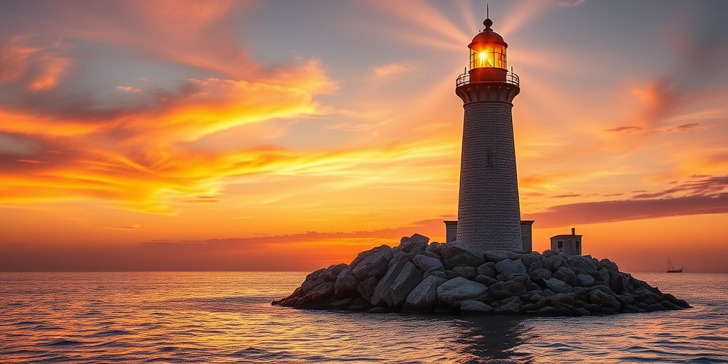 Generate an image of a tall lighthouse perched on a rocky outcrop surrounded by calm ocean waters during a breathtaking sunset. The lighthouse stands sturdy and weathered, its stone surface illuminated by the warm golden light of the setting sun. The sun's rays pass directly through the glass lantern room at the top of the lighthouse, casting a brilliant light across the scene. The sky is painted with vibrant shades of orange, pink, and purple, reflecting off the tranquil sea. The surrounding water shimmers with the same warm hues, creating a serene and majestic atmosphere.