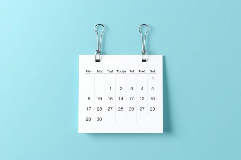 Create a high-resolution digital illustration of a minimalist calendar with a gradient blue background, featuring two silver binder clips at the top, captured with a Canon EOS R5 using a 50mm f/1.2 lens, in daylight with a soft focus to enhance details and provide depth.