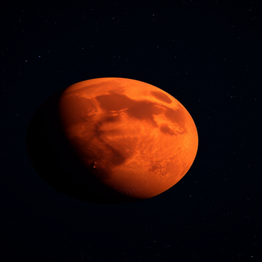 Create a high-resolution image of Mars with vivid red tones, showing surface details, captured with a 50mm lens at f/8, ISO 100, 1/250 sec, taken from a low angle against a starry background, using a digital SLR camera.