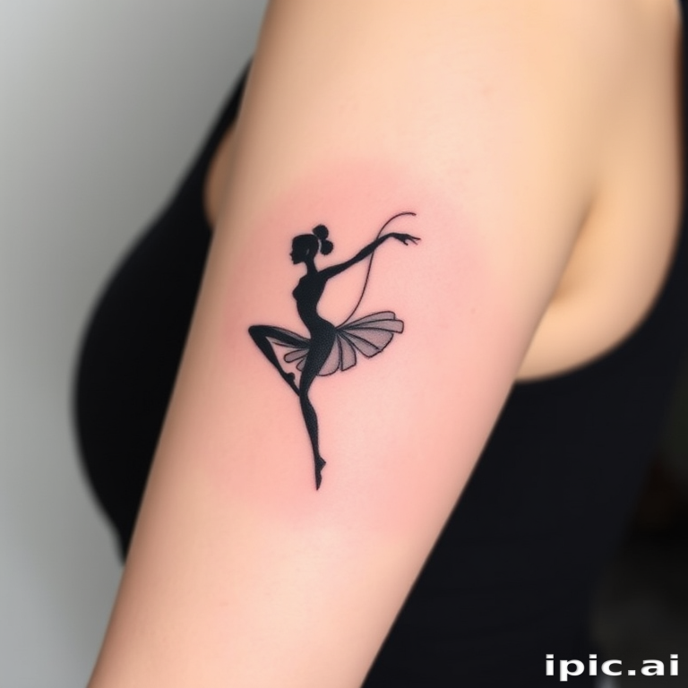 Minimalist single-line tattoo called "Fluid Motion" consisting of one continuous, unbroken line that gracefully curves and loops to form the silhouette of a dancer in motion, with the line varying slightly in thickness to create depth and movement, resulting in a deceptively simple yet elegant design that captures the essence of fluidity and grace