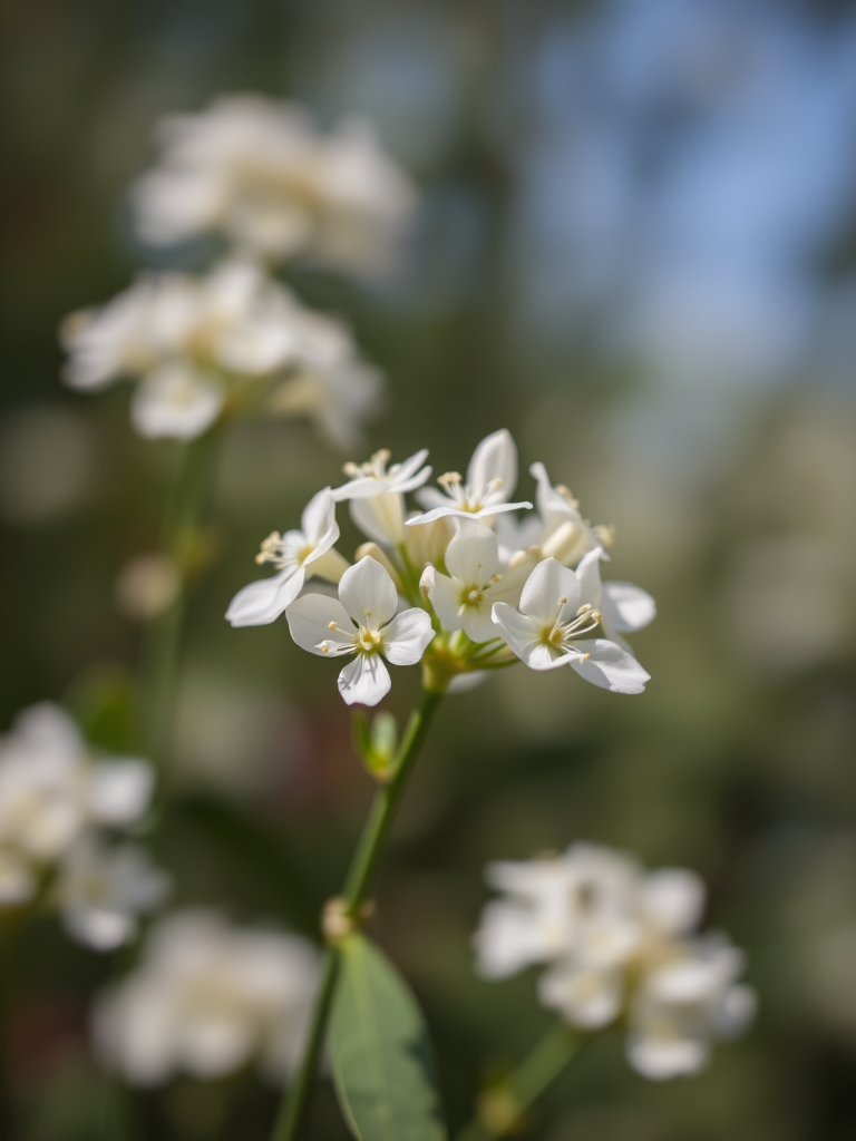 A close-up of a white flowering plant with delicate petals against a blurred background, shot with a DSLR camera at f/2.8 aperture, 50mm lens, ISO 100, natural light, focused on the intricate details of the flowers, emphasizing depth of field and texture.