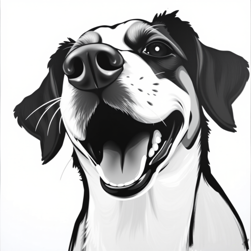 Abstract black and white acrylic portrait of an over exaggerated laughing (dog). Minimalism style. White background.