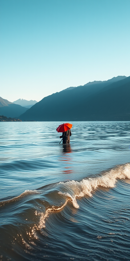 Capture a serene landscape featuring a solitary figure with a red umbrella standing by a calm body of water, with mountains in the background, using a Canon EOS R5, 50mm lens, f/2.8 aperture, ISO 100, natural lighting, taken from a low-angle perspective to emphasize the gentle waves and vibrant colors.