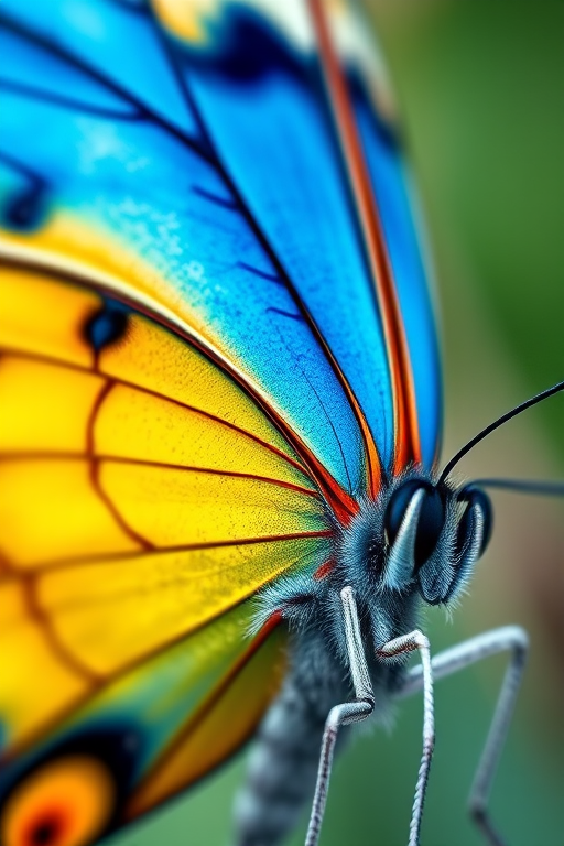Create a vibrant illustration of a butterfly with blue and yellow wings, using a macro lens with a shallow depth of field, 50mm focal length, aperture set to f/1.8, and a soft natural light setup for enhanced color saturation.