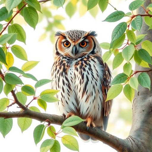 A detailed watercolor illustration of an owl perched on a tree branch surrounded by green leaves, captured with a Canon EOS R5, 50mm lens, f/2.8 aperture, ISO 100, in soft morning light for enhanced clarity and color vibrancy.