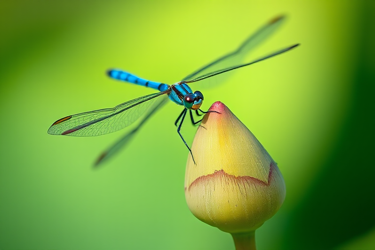 macro shot of a blue dragonfly perched on a lotus bud with a soft green background, aperture f/2.8, shutter speed 1/200s, ISO 100, 100mm lens, DSLR camera, natural lighting, shallow depth of field