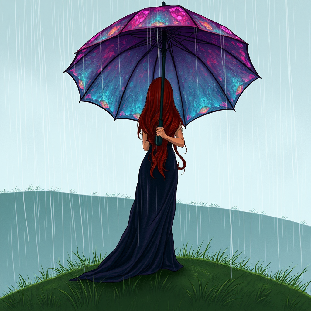 A surreal hand-drawn digital artwork depicting a mysterious red-haired woman standing on a grassy hill under the rain. She holds an umbrella crafted from iridescent zircon, its vibrant sheen contrasting with the soft, rainy atmosphere. The scene feels dreamlike, blending the natural elements of the hill and rain with the otherworldly shimmer of the umbrella.