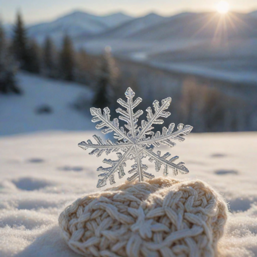 Close-up of a delicate snowflake resting on a woolen mitten, soft natural light illuminating the intricate details, with a snowy landscape softly blurred in the background and a sense of peaceful stillness.