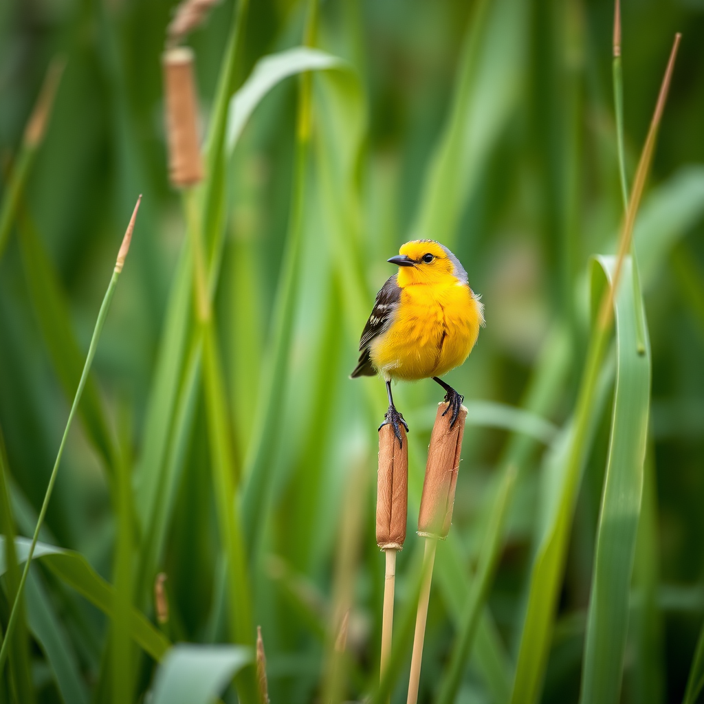 capture a yellow-headed blackbird perched on a reed surrounded by tall green grasses with a shallow depth of field, using a DSLR camera, 50mm lens, f/2.8 aperture, ISO 200, 1/1000 sec shutter speed, natural lighting, shot in landscape orientation