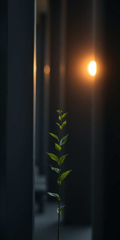 Capture a minimalist shot of a single green plant growing between dark vertical pillars in soft morning light, using a DSLR camera with a 50mm lens, aperture set to f/1.8 for shallow depth of field, ISO 100 for sharpness, and a low-angle perspective for dramatic effect.