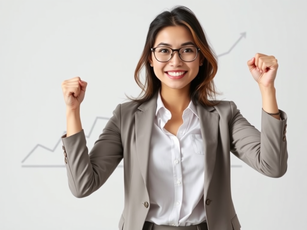 A young businesswoman celebrating success with raised fists in front of a line chart showing upward growth, minimalist background, soft lighting, shot with a Canon EOS R5, 50mm lens, f/1.8 aperture, ISO 100, natural light.