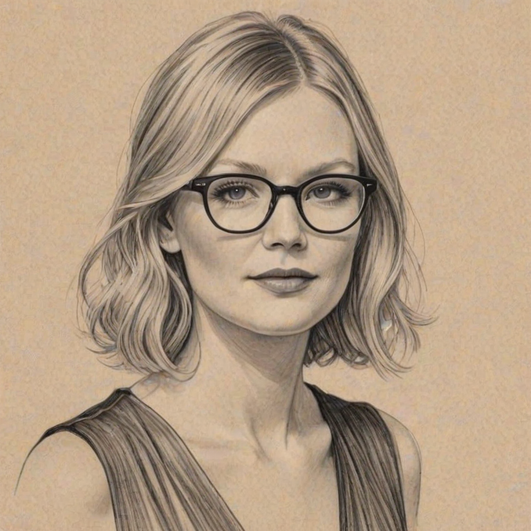 Graceful Kristen Dunst, pencil sketch, portrait of Stunning woman 1929s in glasses, hair style beatnik, outline, clear lines, fine lines, 8k