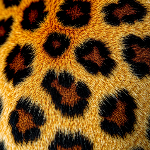 close-up shot of leopard fur texture with detailed patterns, natural lighting, ISO 100, f/8 aperture, 50mm lens, DSLR camera.