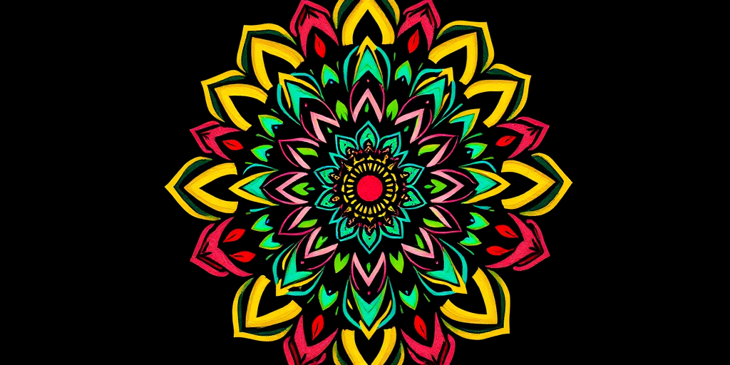 Create a vibrant mandala flower design with intricate patterns and bright colors on a black background, shot with a Canon EOS R5, 50mm lens, f/2.8 aperture, ISO 100, in a flat lay style for enhanced clarity and detail.