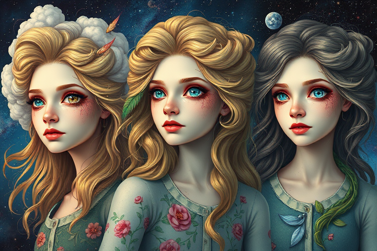 Create a series of imaginative portraits where each subject is infused with elements of fantasy and nature. The hair of the individuals should flow like clouds, varying from soft, fluffy cumulus to wispy cirrus strands, with hints of color reflecting a sunset or a clear blue sky. The eyes should be windows to entire galaxies, with stars, nebulae, and distant planets visible within them. Clothing should be adorned with nature motifs, such as floral patterns that bloom and change, vines that seem to grow and wrap around, or feathers that shimmer with iridescence. Each portrait should capture a unique personality, blending human features with the ethereal beauty of the natural and cosmic world. The backgrounds can vary, from starry night skies to enchanted forests, adding depth and context to the magical realism of the portraits