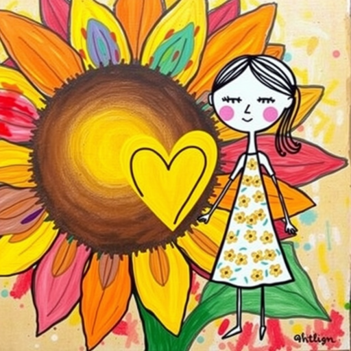 Stylized impressionism painting of a large sunflower with an oversized center and colorful petals. Beside, a young female character with eyes represented by dots and a mouth by a line, pink cheeks, hair attached, arms and legs a black line, flowery white dress triangle shape. A yellow heart surrounded by a black line between the two. Textured background with touches of colorful paint. Childish style.