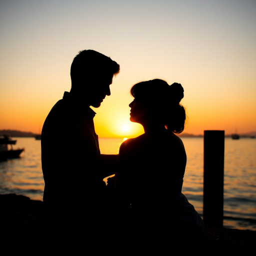Generate a romantic sunset scene with a silhouette of a couple sitting by the water, golden hues reflecting on the surface, boats in the distance, shot with a Canon EOS 5D Mark IV at f/8, ISO 100, 50mm lens, soft focus style, wide-angle view.