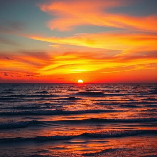 Create a high-quality image of a sunset over the ocean with vibrant colors in the sky using a DSLR camera, 50mm lens, f/8 aperture, 1/200 sec shutter speed, ISO 200, panoramic view, and a warm color palette.
